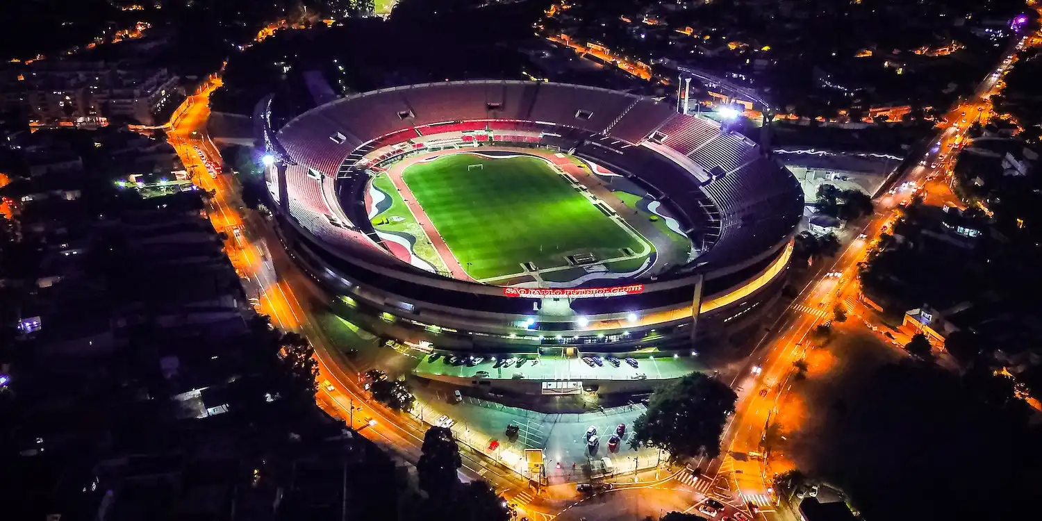 A football/soccer stadium at night